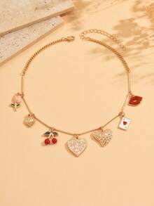 1 件可爱滴釉樱桃和金色心形吊坠项链，百搭滴花设计女士珠宝，适合日常佩戴、海滩度假、约会、派对 - 彩色 - 查看 3