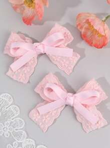 2 件女孩白色/粉色可爱优雅蝴蝶结发夹，纯色亚麻花朵印花和丝带手工蝴蝶结装饰，迷人装饰甜美可爱风格，适合日常穿着、派对、学校和春夏 - 彩色 - 查看 3