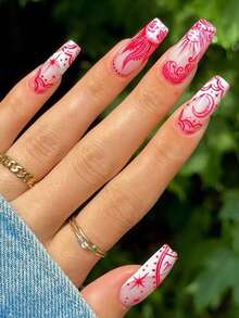 2 件时尚美甲贴纸带红线星月贴花自粘 3D 几何贴纸适用于亚克力指甲用品美甲装饰 DIY 配饰适合女士女孩 - 紅色 - 查看 4