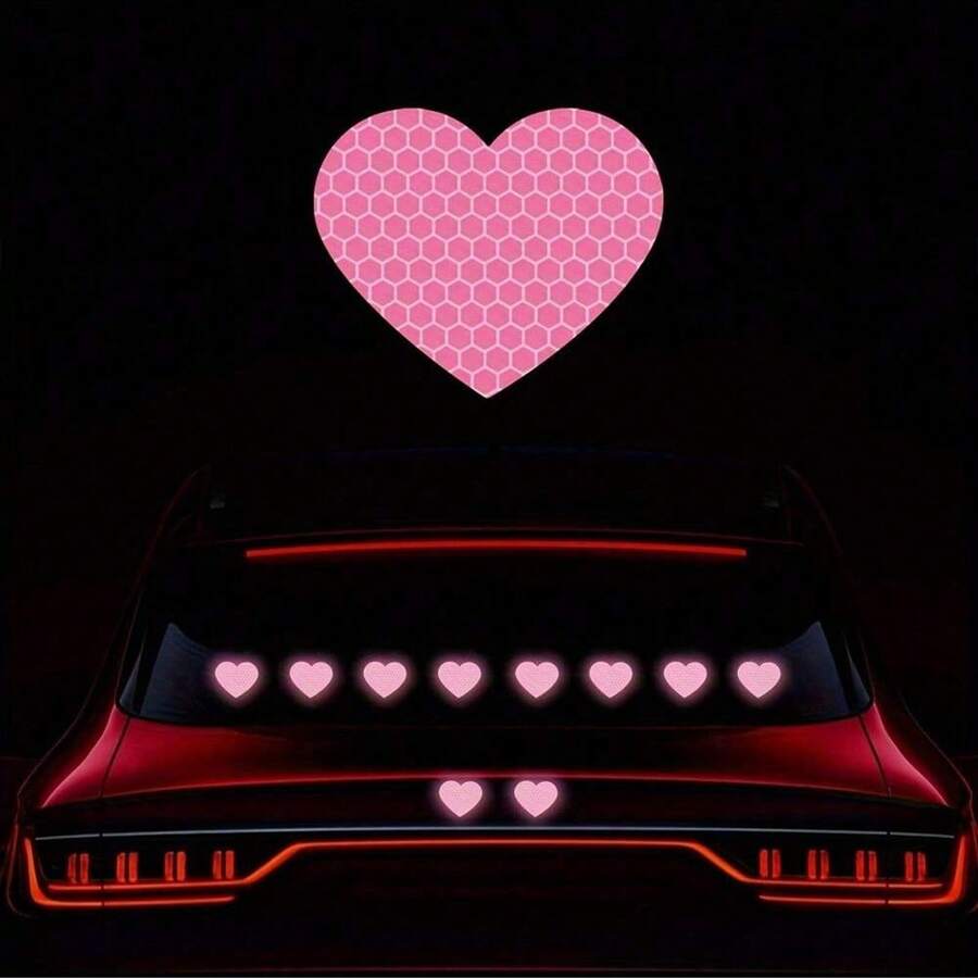 10片装高强度反光车贴心形图案组合用于夜间驾驶保险杠摩托车头盔警示车贴