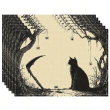 Juego de 1/2/4/6 individuales, estilo de gato negro de Halloween, con patrón de murciélago, tamaño 30x45 centímetros. Los individuales de poliéster de Halloween son adecuados para cocinas/manteles resistentes al calor del hogar, fáciles de limpiar y son accesorios ideales para mesas de cocina del hogar. Son adecuados para reuniones familiares y ocasiones interiores y son la mejor opción para la decoración de Halloween.