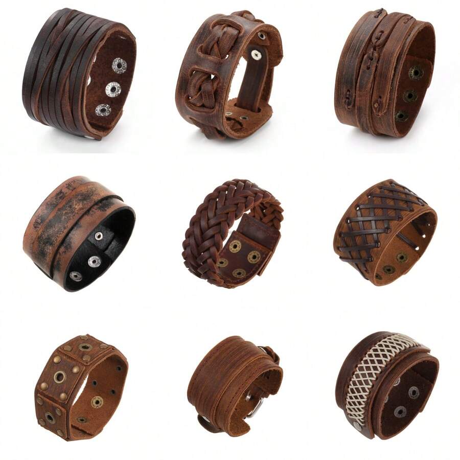 可调节朋克风真皮手镯，环绕式真皮腕带，哥特风时尚真皮手镯，男女通用 - 棕色 - 查看 1