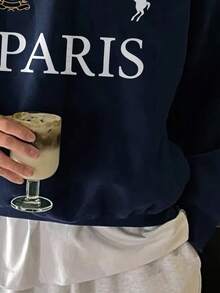 Men's Fashion Simple Paris Letter Graphic Decoration Half-Zip Stand Collar Sweatshirt Minimalist Numeric Print Sleeve Decor, Soft & Comfortable For All Seasons , Fall