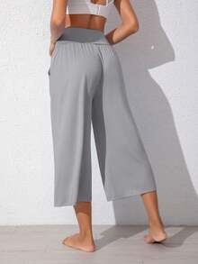 1pc Solid Color Breathable High Elasticity Sports Capri Shorts, Crossover Waist Easy On/Off, Suitable For Running, Tennis, Cycling, Outdoor, Spring/Summer - Xám - Xem 3