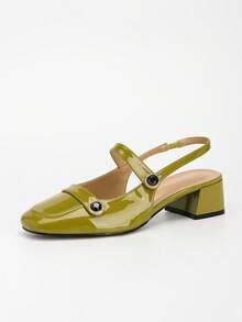 Women's Fashion Square Toe Chunky High Heel Rhinestone Buckle Slingback Pumps - Green - View 7