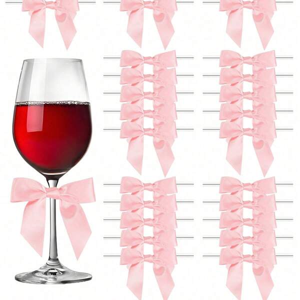 50/100pcs Pink Curled Bow Ties, Suitable For Home Gatherings, Banquets, Weddings, Champagne Bottles, Wine Glasses, Cocktail Glasses, Party Decoration
