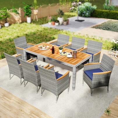 9 Pieces Patio PE Wicker Dining Set Outdoor Acacia Wood Table & Chairs