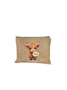 迷人的苏格兰高地牛主题印花亚麻手提包和化妆包，印有捧花小牛图案，零钱包，拉链包，个性礼品包，卡通趣味多功能手提包，黄色亚麻黑色手提包配黑色扣，购物袋 - 彩色 - 查看 14