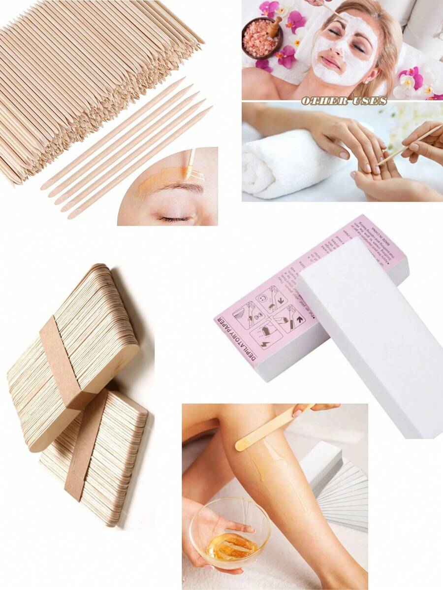 250/100/50 Peças Conjunto de Ferramentas Profissionais para Remoção de Pelos, Dispositivo de Remoção de Pelos Tecido Não Tecido, Tiras de Cera Papel de Barbear para Mulheres, Rolo Alisador de Pernas, Bastões de Cera para Corpo, Pernas e Rosto. Use Diversos Bastões de Cera, Pequenos e Médios Palitos de Madeira ou Palitos de Madeira para Artesanato para Depilação