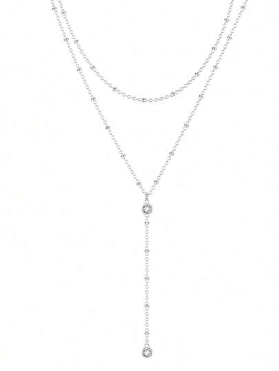 1pc European & American Style Y-Shape Zirconia Double Layer Necklace, Long Tassel Sweater Chain, Unique Lip Chain Collar Necklace