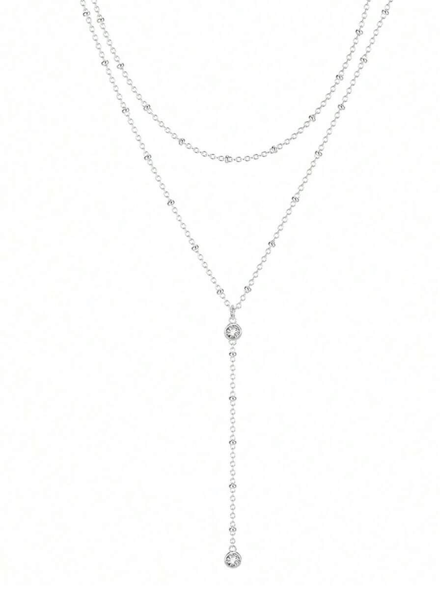 1 件欧美风格 Y 形锆石双层项链，长流苏毛衣链，独特唇链领口项链 - 銀色 - 查看 1