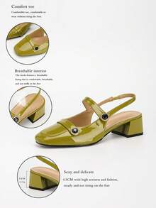 Women's Fashion Square Toe Chunky High Heel Rhinestone Buckle Slingback Pumps - Green - View 2