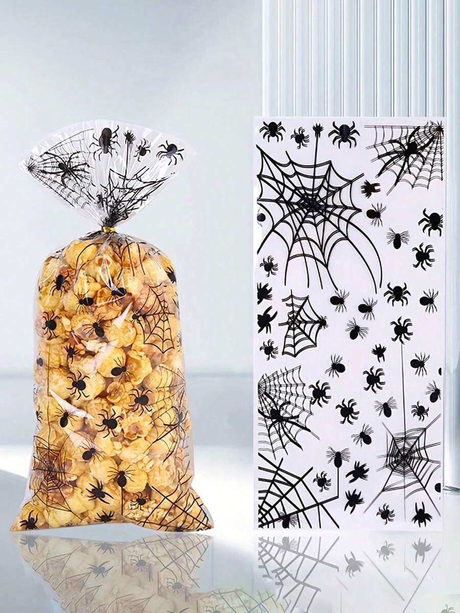 50pcs Halloween Opp Flat Pocket Small Food Packaging Bag Transparent Black Spider Bag Candy Biscuit Packaging Bag.