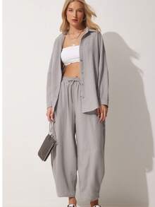 Women's Gray Linen Shirt Shalwar Trousers Set
