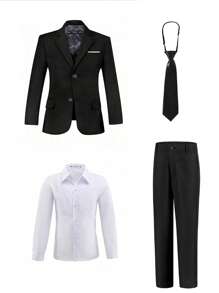 Traje para niños de 4 piezas, conjunto de traje de tuxedo para niños pequeños, atuendo de pajecito para bodas, que incluye blazer, pantalones, camisa y corbata, traje formal para niños de talla 4 a 14 años, color negro