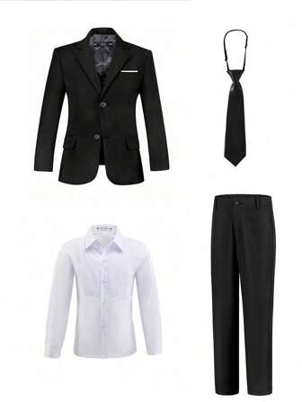 男童西服 4 件套套装 幼儿礼服 礼服 戒指持有人服装 婚礼西装外套 裤子 衬衫 领带 儿童正式西服 黑色 尺码 4-14 岁