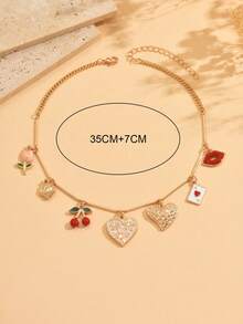 1 件可爱滴釉樱桃和金色心形吊坠项链，百搭滴花设计女士珠宝，适合日常佩戴、海滩度假、约会、派对 - 彩色 - 查看 5