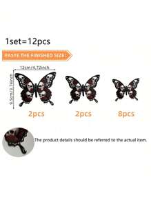 12 件现代哥特式蝴蝶墙贴，骷髅玫瑰图案，自粘式 PVC 墙贴，适用于万圣节装饰，一次性使用不对称形状