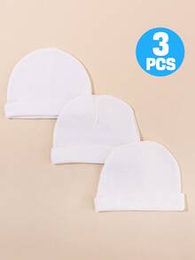 3 pièces Bonnets en tricot doux de couleur unie pour nouveau-nés, respirants et confortables, convenant à toutes les saisons, pour bébés garçons et filles - Blanc - Voir 5