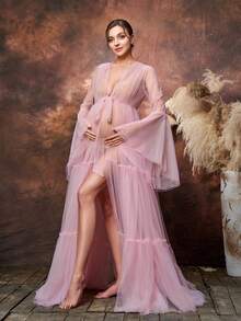 Faeriesty Váy bầu thanh lịch Dressalisa cổ chữ V sâu, tay dài, vải tuyn mỏng manh, thắt nơ eo và chân váy tuyn xẻ cao - Thiết kế nhẹ nhàng, thoáng mát cho tiệc mừng em bé, tiệc cưới và tiệc tối trang trọng - Hồng - Xem 3