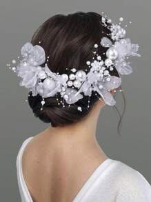 1 Pezzo Cerchietto da sposa con fiore in rete bianca, perline e nappe in stile coreano, accessorio per capelli da sposa per donna HP785