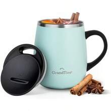 GRANDTIES - Taza de café aislante con asa, tapa deslizante para evitar salpicaduras, termo con forma de copa de vino de 16 oz con doble pared al vacío de acero inoxidable - Verde Polvo - Ver 9