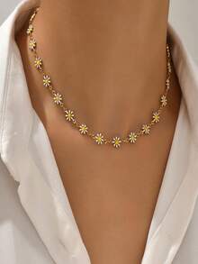 1 件时尚滴油合金雏菊花项链，清新甜美百搭金属链项链，适合女性在海滩度假和日常佩戴 - 彩色 - 查看 2