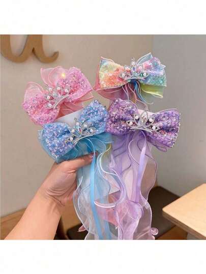 1 Pack Pink/Blue/Purple/Iridescent Sequins Streamer Bow Hairpin, Party Decorative Headgear, Photo Props, Hair Accessories, Gifts, Crown Jewel Top Clip, Ponytail/Princess Braided Hair Decals, Gifts.