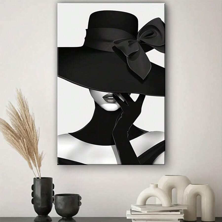 1 pieza.Pintura en lienzo con marco de madera, Dama en blanco y negro, Obra de arte para decoración de oficina, hogar y sala de estar, Regalos de Halloween y Navidad. - Negro - Ver 1