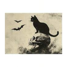 Juego de 1/2/4/6 individuales, estilo de gato negro de Halloween, con patrón de murciélago, tamaño 30x45 centímetros. Los individuales de poliéster de Halloween son adecuados para cocinas/manteles resistentes al calor del hogar, fáciles de limpiar y son accesorios ideales para mesas de cocina del hogar. Son adecuados para reuniones familiares y ocasiones interiores y son la mejor opción para la decoración de Halloween.