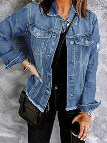 Women's Distressed Washed Denim Jacket, Autumn - Light Wash - View 3