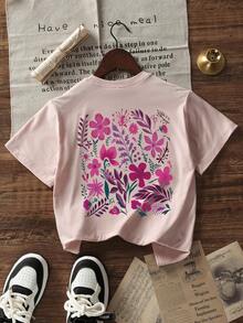 女孩休闲粉色图案印花圆领短袖 T 恤上衣，夏季 - 粉色 - 查看 3