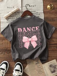 Girls' Casual Short Sleeve T-Shirt With Heart & Bow Cartoon Print, Versatile Summer Top - Dark Grey - View 3