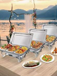 Bufetera 3 espacios acero inoxidable comedor chef 9 litros bandeja para banquetes fiestas eventos cocina hogar servir alimentos caliente resistencias fácil limpiar - Plateado - Ver 6