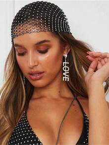 Rhinestone-Embedded Fishnet Hair Cap, Perfect For Party Gathering - 黑色 - 查看 4
