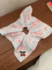 1pc Pink Rose Rabbit Floral Scrunchie, Bow, Heart, Cherry Print Sweet Girl Low Ponytail Hair Tie, Polyester Bohemian Hair Accessory, Hair Bobbles