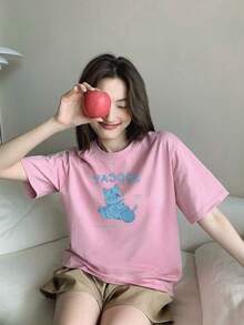 Women's T-Shirt, Short Sleeves, Round Head, Summer, Simple, 100% Cotton, Blue Cat Design - 粉色 - 查看 1