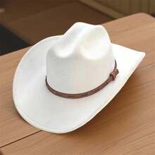 Retro Woolen Cowgirl Hat For Women Men Leather Belt Wide Brim Western Cap For Wedding, Party - 白色 - 查看 3
