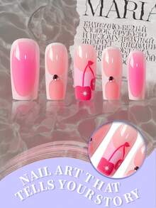 24pcs Medium Square Press-On Nail Set With Pink Gradient Ombre, 3D Cherry Accents & Rhinestone Studs, Stylish Heart-Bubble Design, Reusable DIY Nail Kit With Free Adhesive Tabs & Mini Nail File For Everyday Glam - Pink - View 2