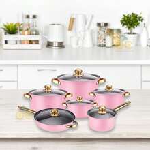 Set de Cocina de Acero Inoxidable de 12 Piezas, Set de Cocina de Acero Inoxidable, Set de Cocina Multiusos, Set de Cocina Completamente Envuelto con Tapa de Vidrio con Mango Térmico, Apto para Lavavajillas, Diseñado Ergonómicamente - Rosa - Ver 5