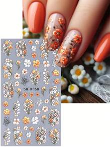 2 pezzi 5D Adesivi per unghie con fiori a cinque petali arancioni e gialli in rilievo, decorazioni per unghie con design floreale per matrimoni, stile Y2K, accessori per unghie con effetto in rilievo