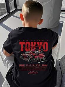 1 pieza Camiseta de manga corta con estampado de coche, adecuado para niños preadolescentes y estudiantes jóvenes, top de verano - Negro - Ver 5