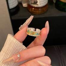 1 件宫廷风金凤凰羽毛戒指女士珐琅彩滴油印花开口可调节戒指