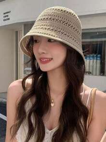 1pc Women's Summer Fashion Hollow-Out Woven Bucket Hat, Female Outdoor Narrow Brim Knit Basin Hat, Casual Versatile Sun Hat - MZ3064 - View 2