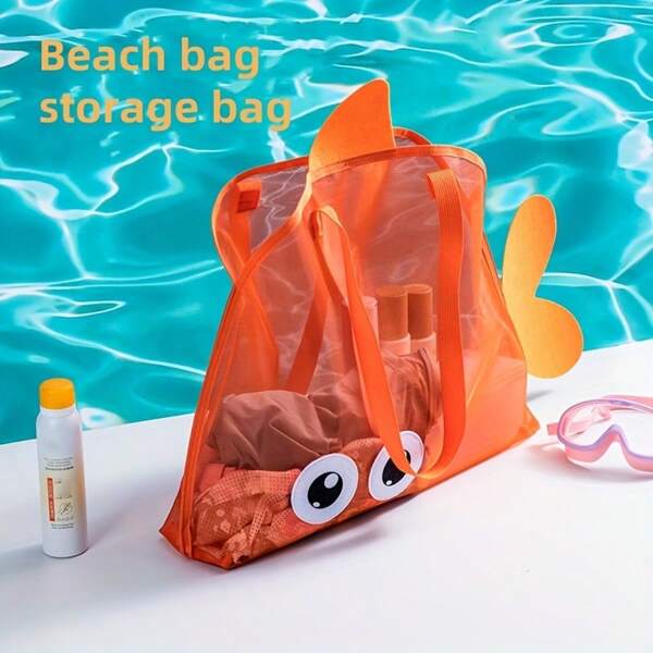 Sac fourre-tout de voyage, sac de rangement de plage, sac de collection de coquillages transparent, sac à outils pour creuser le sable, sac de plage en maille en forme de poisson mignon, sac à bandoulière en maille de voyage d'été, convient pour la plage, la natation, les accessoires de fête, les essentiels de plage, les flotteurs de piscine