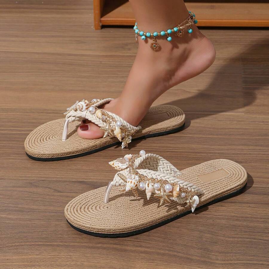 Sandalias elegantes de estilo bohemio con conchas y estrellas de mar para mujer, moda elegante con criaturas marinas de perlas para fiestas en la playa, vacaciones y al aire libre - Beis - Ver 1