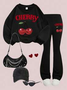 2 Stücke Set Süßer Kirsche Muster Sweatshirt für Teenager Mädchen, weich & bequem, Frühling & Herbst Alltagskleidung