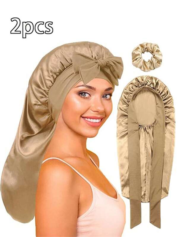 2er Set einfarbige Satin-Schleifen-Stirnbänder, großer Satin-Haarbonnet, geeignet für Frauen zum Schlafen, lockiges Haar und Zöpfe