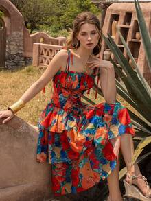 Faeriesty BohoBloom 印花吊带系带荷叶边连衣裙 - 适合海滩度假、休闲外出和节日活动，优雅大方 - 橘色 - 查看 4