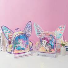 1pc Cute Unicorn Mini Backpack With Large Butterfly Wings, Clear TPU Material, Adjustable Shoulder Straps, Zipper Closure, Lightweight, Screen Print, Unlined, Suitable For College, Cartoon Style, Great Birthday & Christmas Gift